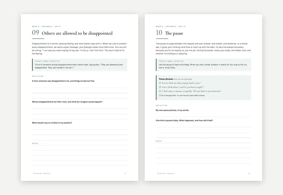 Two daily workbook pages: Day 9, Others are allowed to be disappointed, and Day 10, The pause