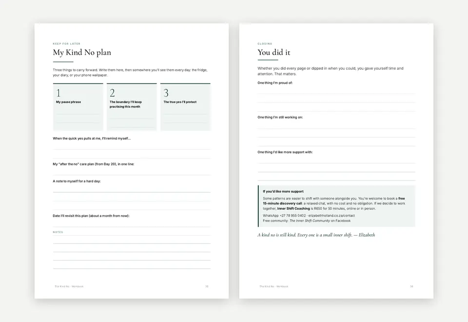 The My Kind No plan workbook page next to the closing page