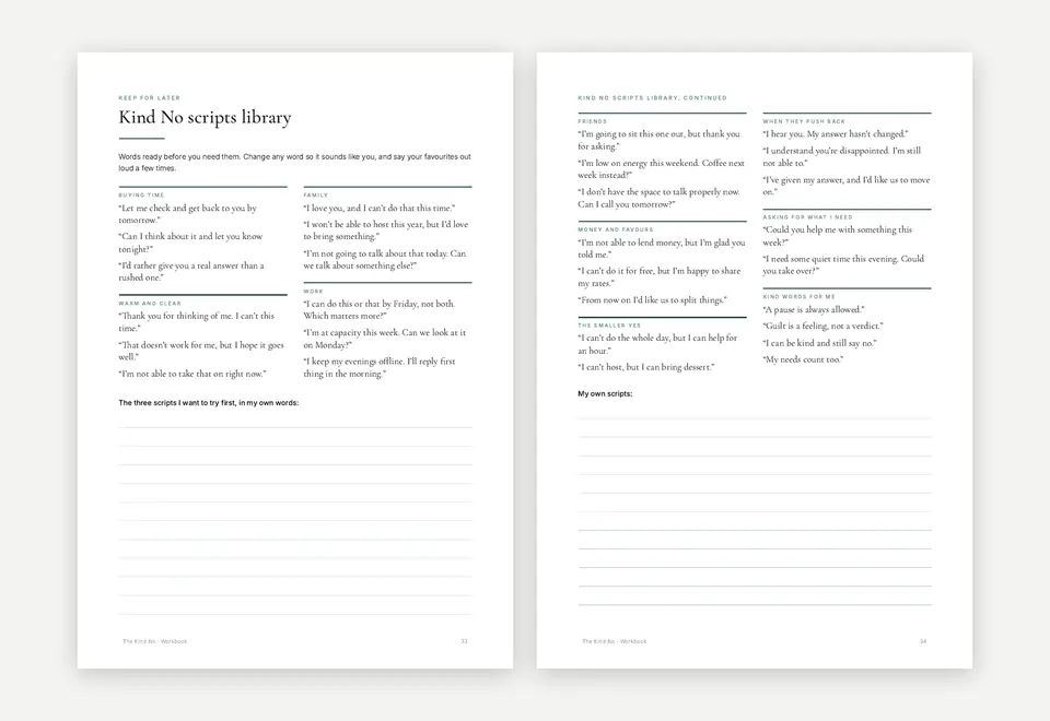 The two-page Kind No scripts library from the workbook