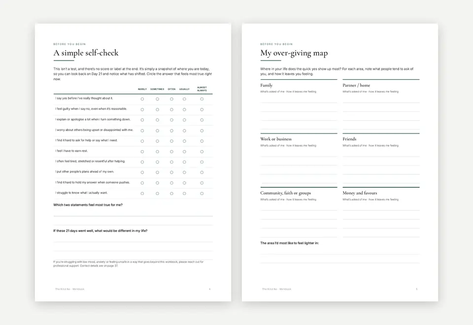 The simple self-check and the over-giving map from the start of the workbook