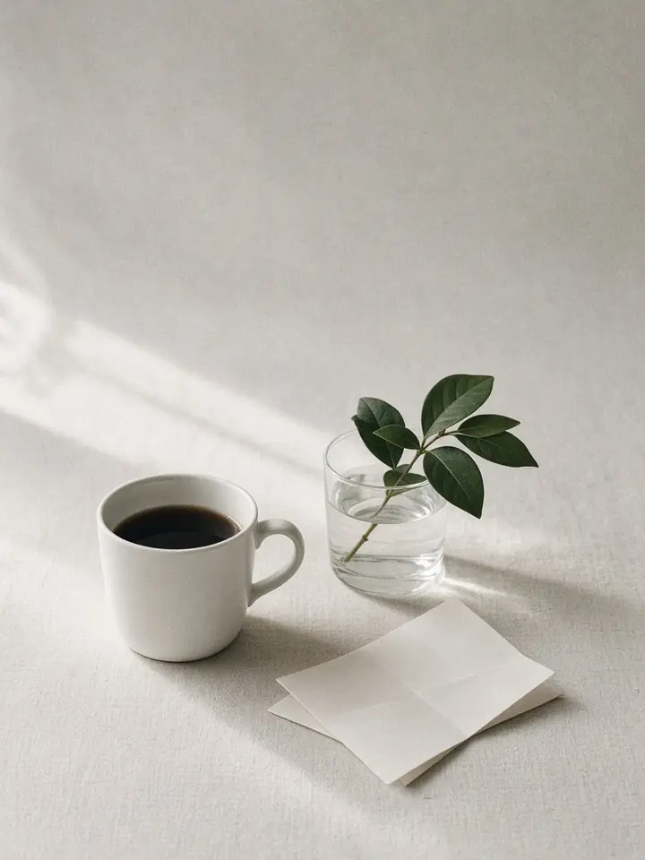 A white cup of coffee and a sprig of green leaves in a glass, in soft morning light